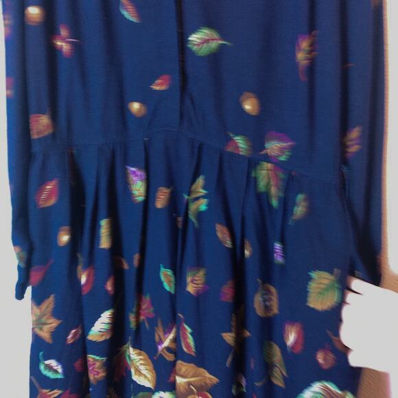 Vtg California Design Fall Autumn Leaf Print Long Sleeve Navy Blue Midi Dress 14 - Picture 6 of 13